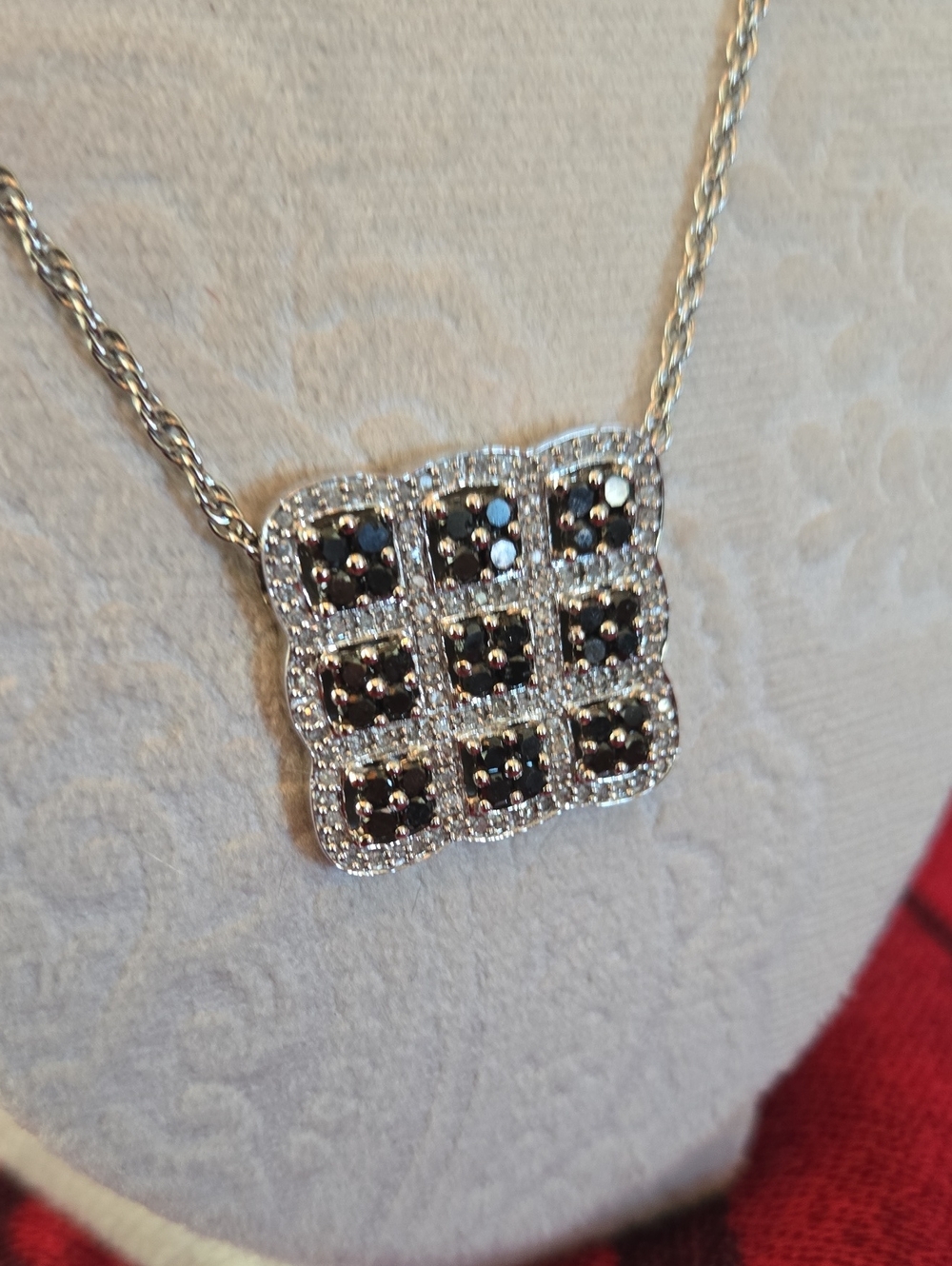 10K WhiteGold, Black Spinel,Diamond, contrast square Pendant + silver tone Chain